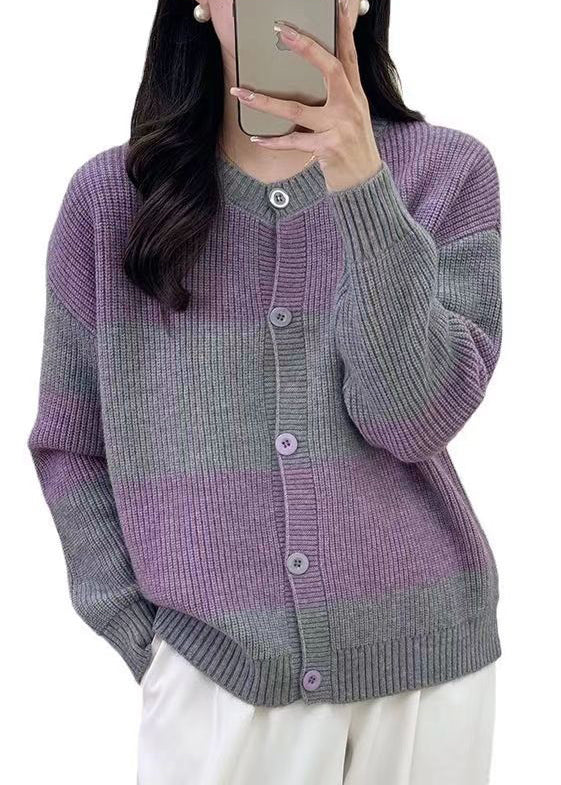 Grey Striped Button Knit Cardigan Fall