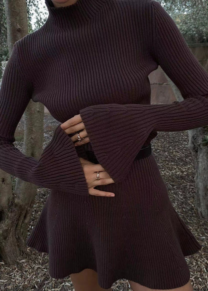 Coffee Turtleneck Cozy Knit Mid Dress Flare Sleeve