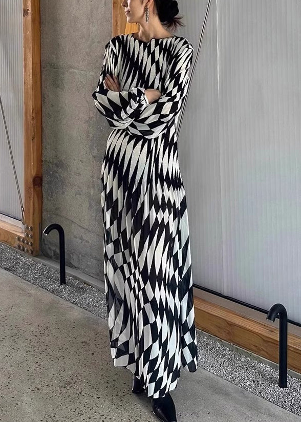 French Plaid O-neck High Waist Chiffon Maxi Dresses Fall
