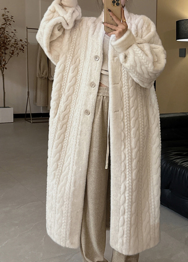 Beige V Neck Button Mink Hair Leather and Fur Long Coats Winter