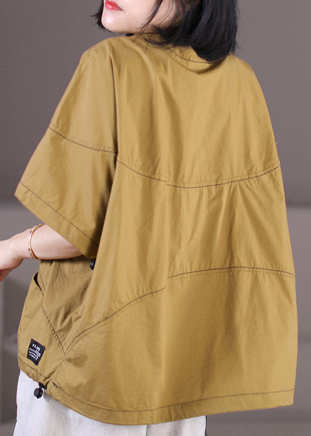 Yellow O-neck Pockets Line Cotton Top Short Sleeve