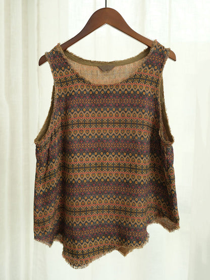 Retro Worn Irregular Hem Geometric Vest