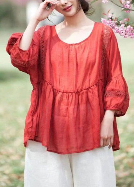 Navy Hollow Out Embroidered Patchwork Linen Tops Summer