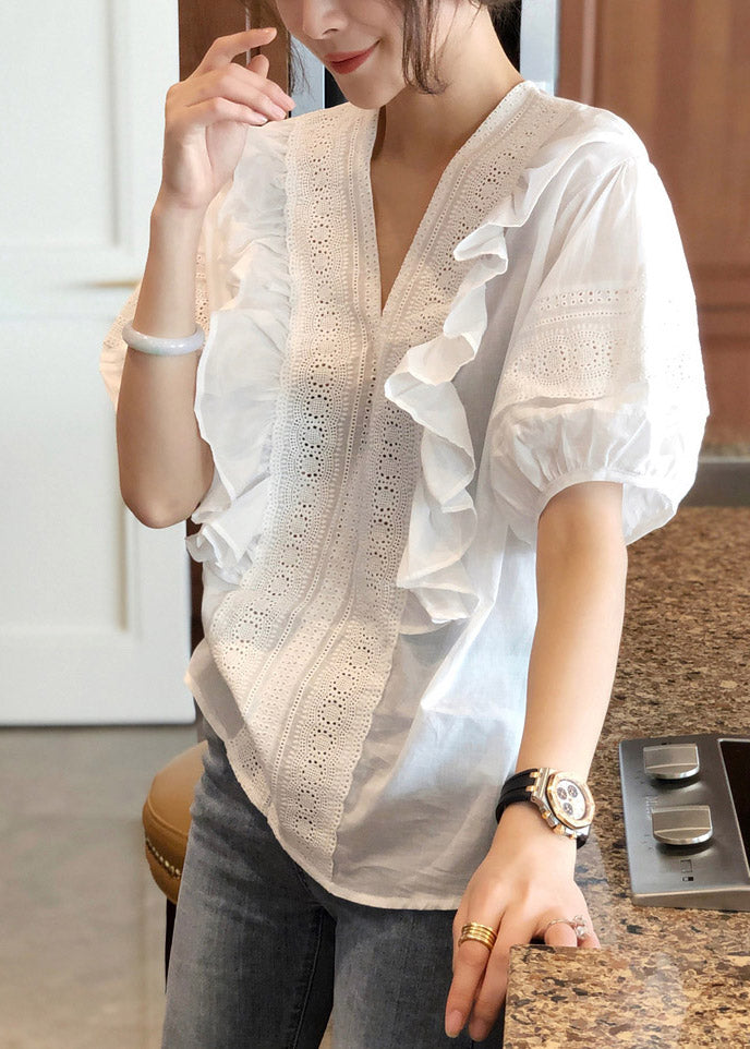 Pink V Neck Ruffled Top Short Sleeve