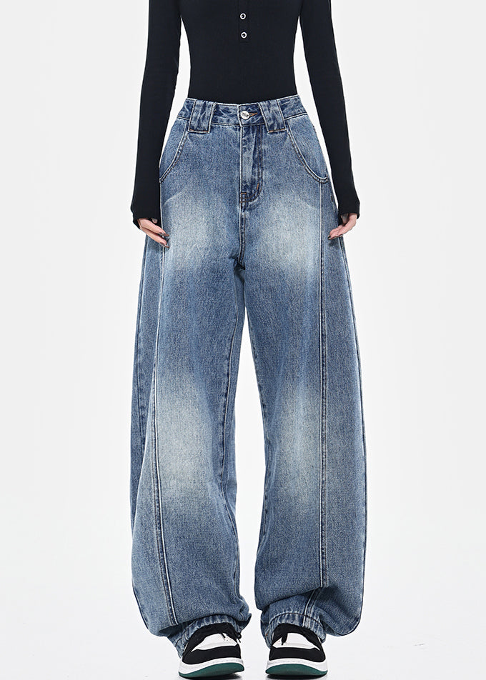 Blue Pockets Patchwork High Waist Denim Pants Spring