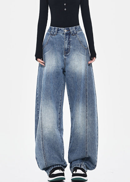 Blue Pockets Patchwork High Waist Denim Pants Spring