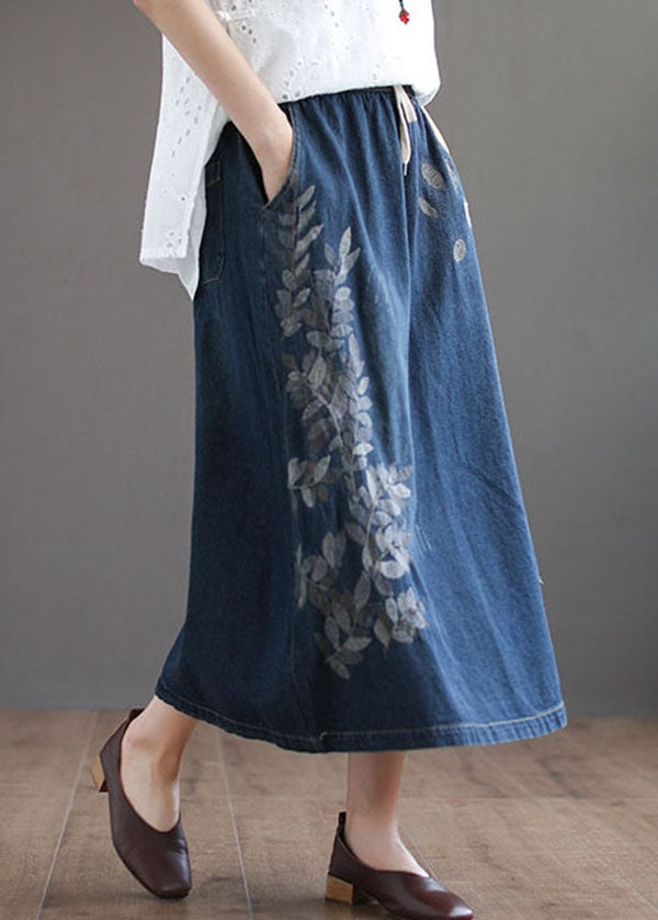 Dark Blue Pockets Cotton Denim Skirt Elastic Waist Ripped Summer