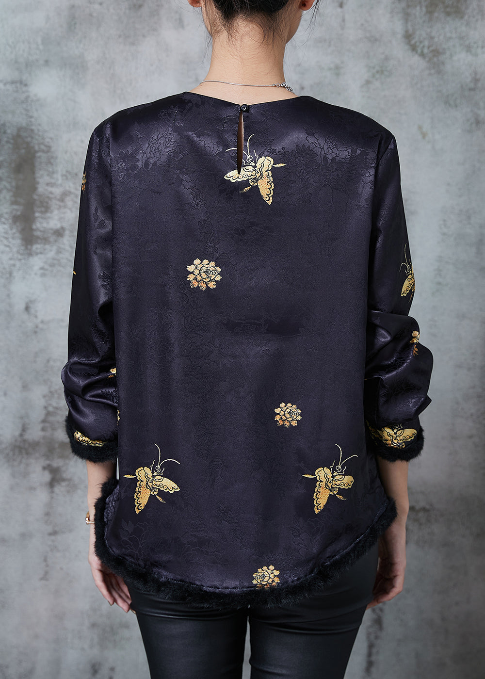 Black Jacquard Butterfly Silk Shirts Spring