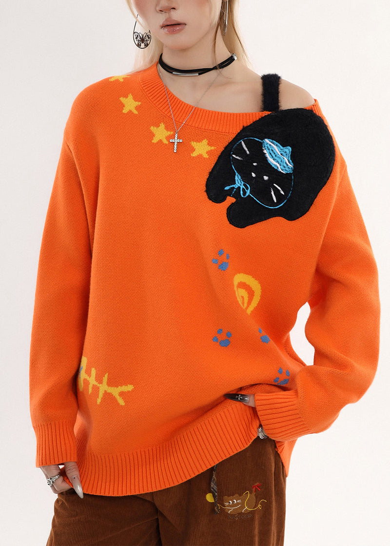 Orange Embroidered Cold Shoulder Knit Sweater Winter