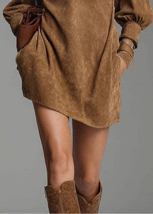 New Khaki Stand Collar Zip Up Patchwork Faux Suede Mini Dress Fall