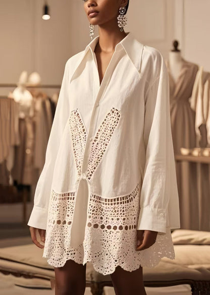 White Oversized Hollow Out Cotton Shirt Tops Spring
