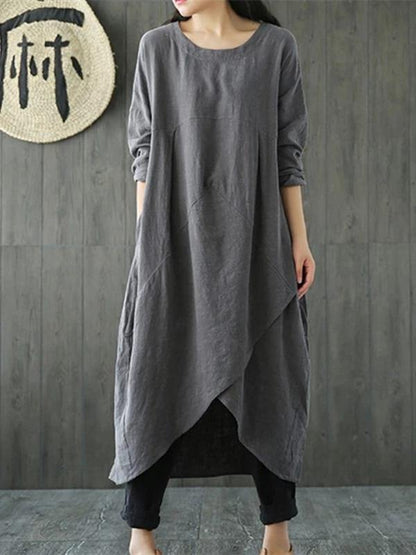 Gray Cotton Linen Dress O Neck Asymmetric Maxi Spring Dresses