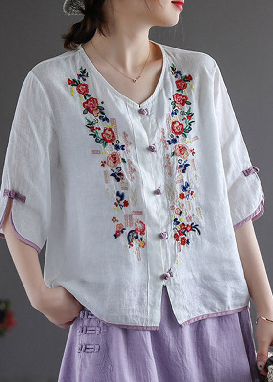Modern White V Neck Embroidered Button Linen Shirt Half Sleeve