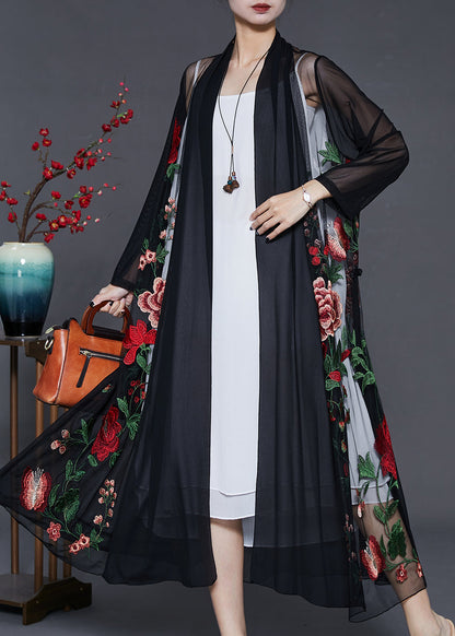 Classy Black Embroidered Tulle Loose Cardigan Summer