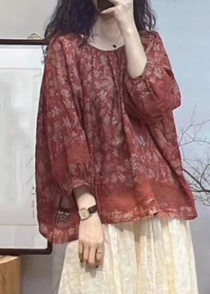 Red O-neck Print Hollow Out Patchwork Tops Lantern Sleeve