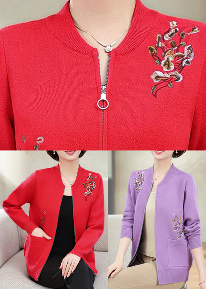 Purple Zippered Patchwork Cotton Knit Cardigans Fall