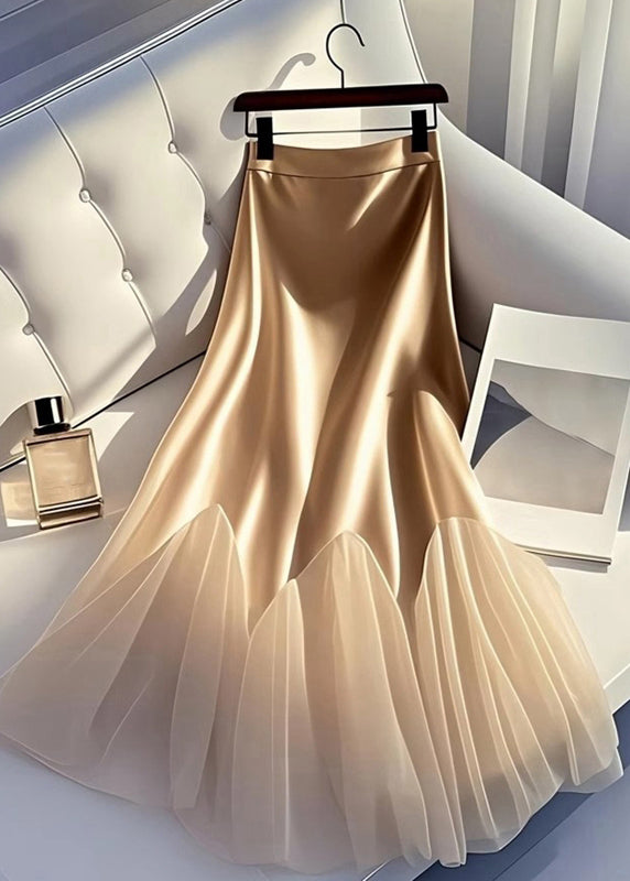 Italian Champagne Tulle Patchwork Silk a Line Skirt Summer