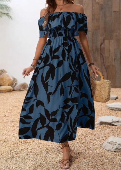 Apricot Slash Neck Print Side Open Cotton Long Dresses Summer