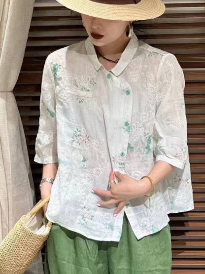 Summer Flower Slant Button-up Ramie Shirt