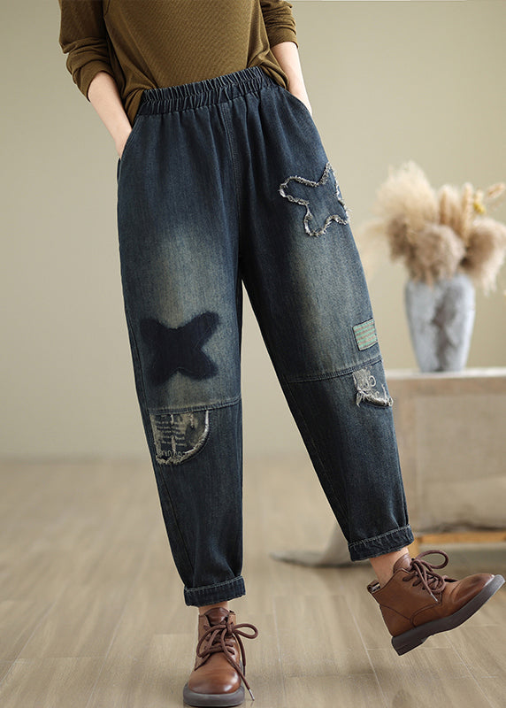 Navy Pockets Elastic Waist Denim Pants Fall