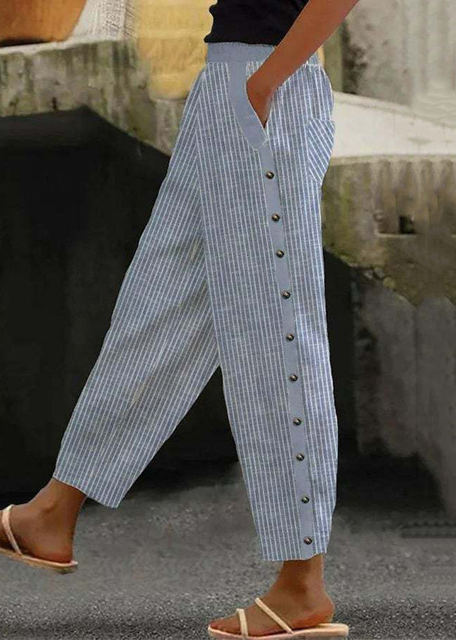 Blue Striped Pockets High Waist Cotton Crop Pants Summer