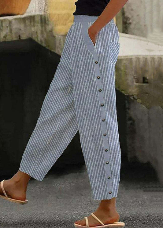 Blue Striped Pockets High Waist Cotton Crop Pants Summer