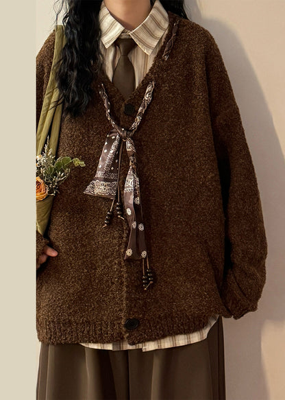 Grey V Neck Scarf Design Button Knit Coats Spring