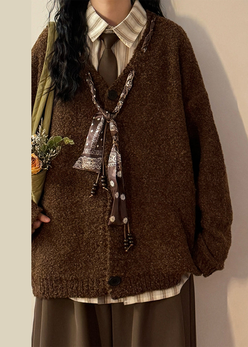 Grey V Neck Scarf Design Button Knit Coats Spring