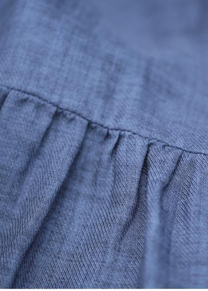 Handmade Blue Linen Clothes Stand Collar Asymmetric Cotton Blouse