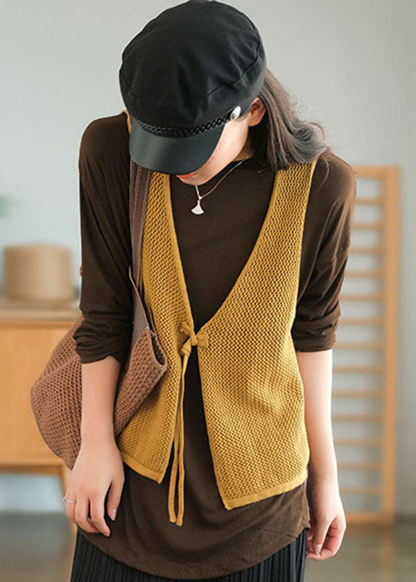 Yellow V Neck Hollow Out Tie Waist Knit Vests Fall