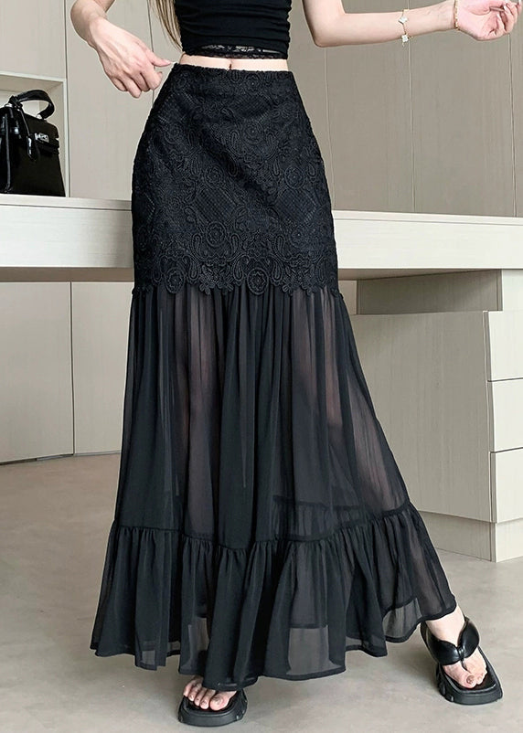 Slim Fit Black Lace High Waist Patchwork Tulle Skirts Summer