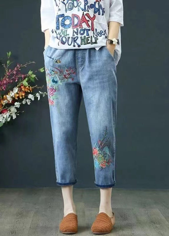 Blue Embroidered Denim Ripped Pants Summer