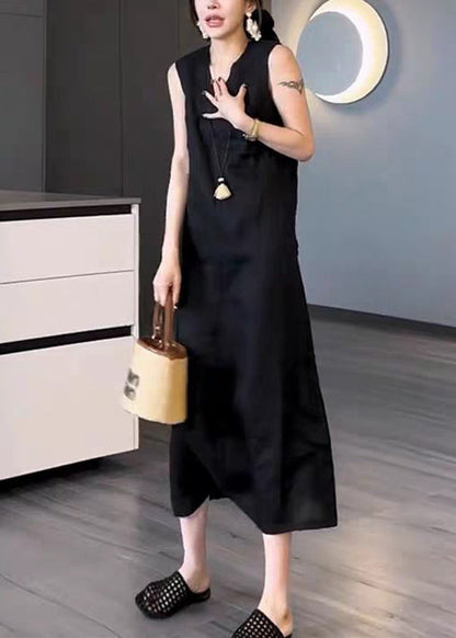 New Black V Neck Pockets Cotton Long Dress Sleeveless