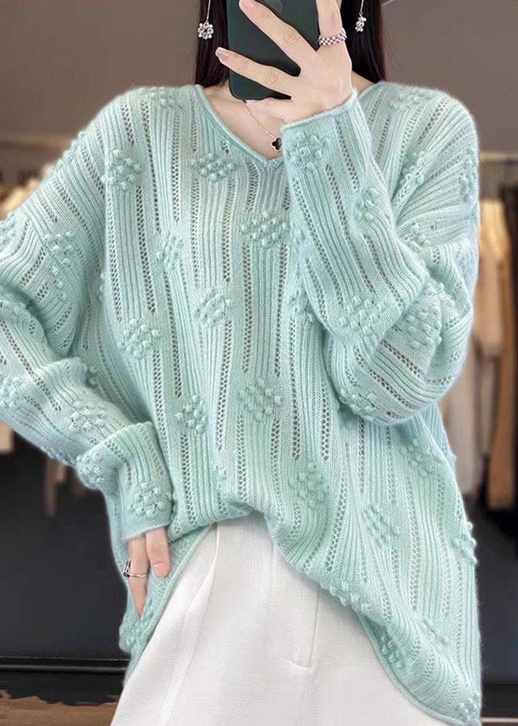 Rose V Neck Hollow Out Cotton Knit Sweaters Fall