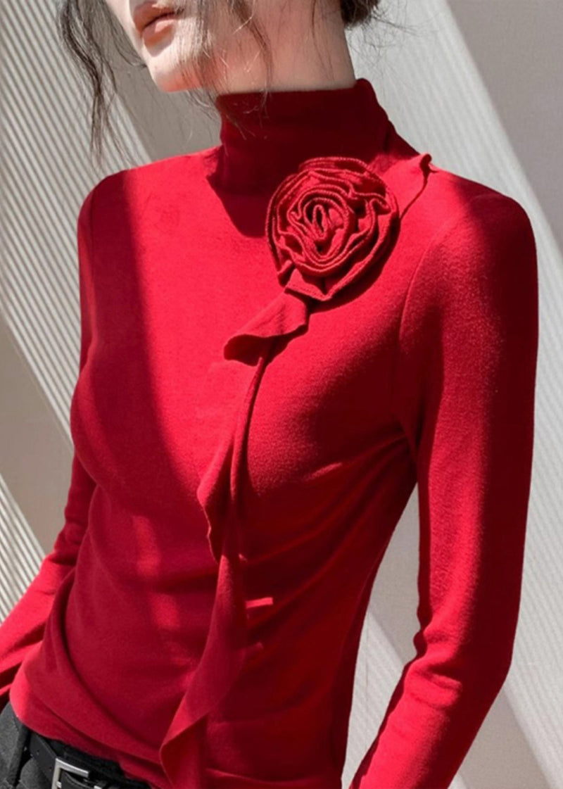 Red Stand Collar Decorated Cotton Shirt Tops Spring