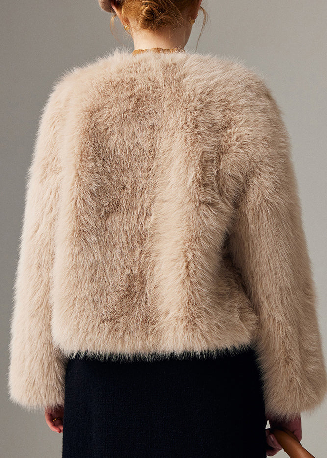 Classy Beige V Neck Warm Leather and Fur Coat Winter