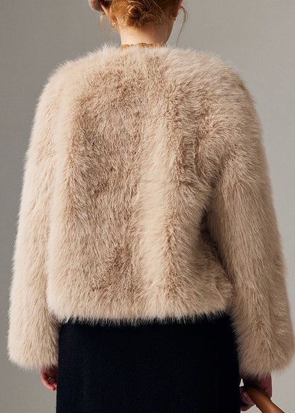 Classy Beige V Neck Warm Leather and Fur Coat Winter