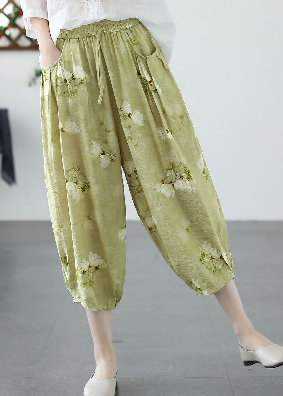Green Print Pockets Patchwork Linen Harem Pants Summer