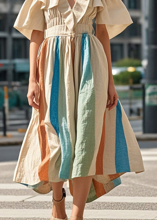Khaki Cold Shoulder Striped Cotton Maxi Dresses Summer