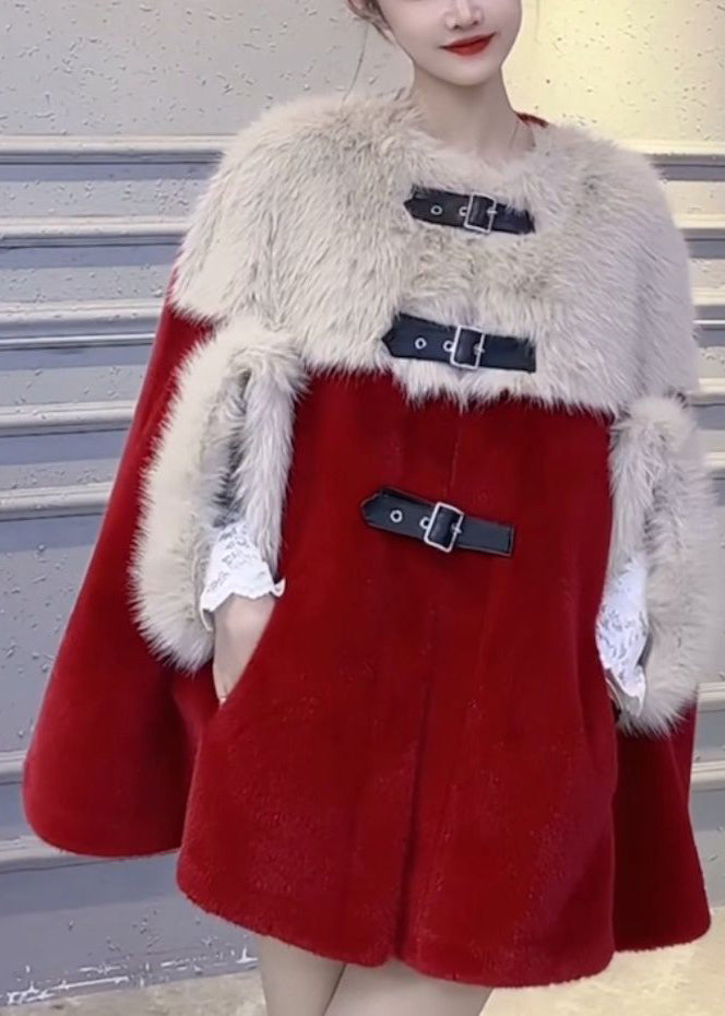 Red Fluffy Pockets Patchwork Cape Coats Spring