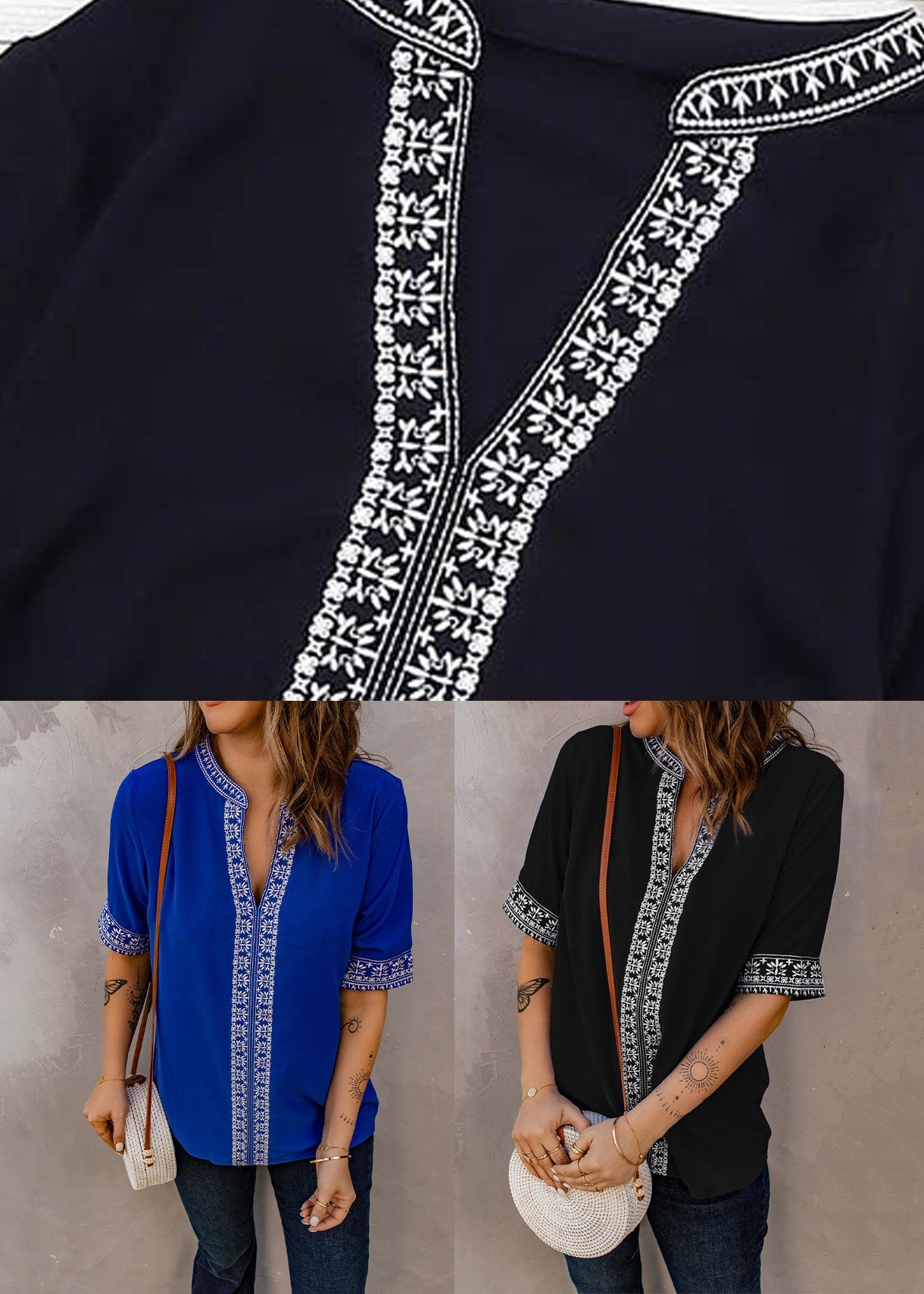 Boutique Black V Neck Patchwork Top Short Sleeve