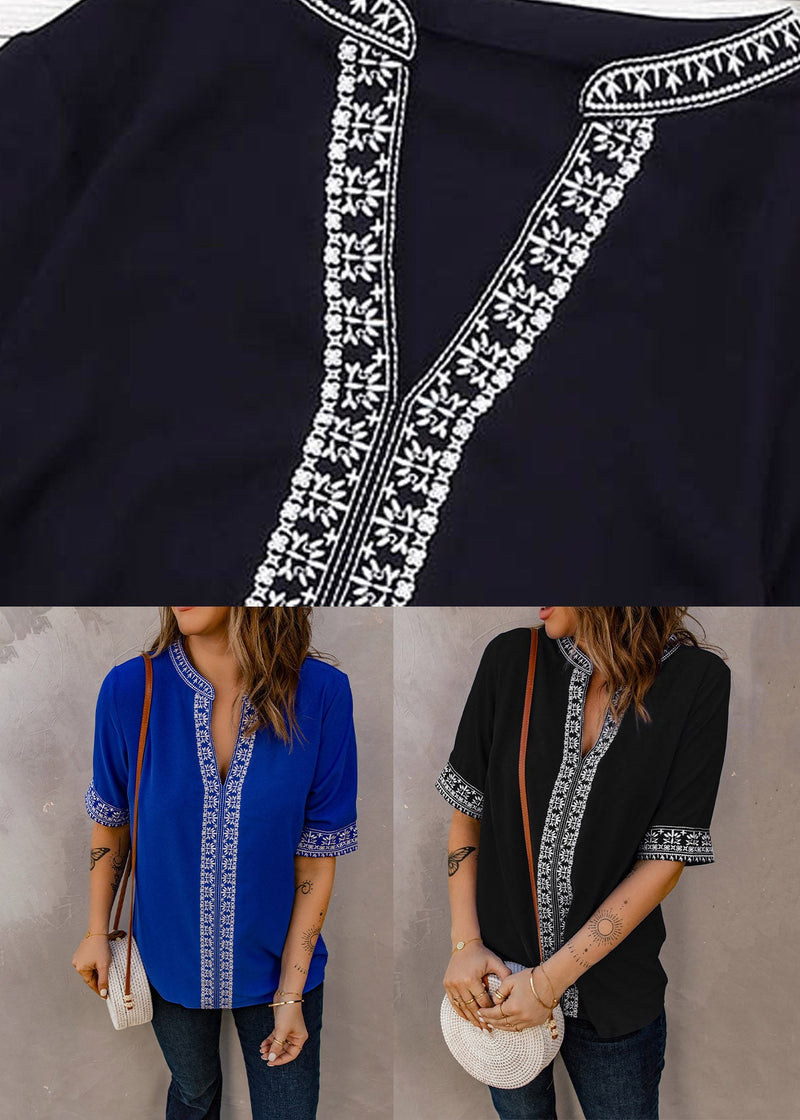 Boutique Black V Neck Patchwork Top Short Sleeve