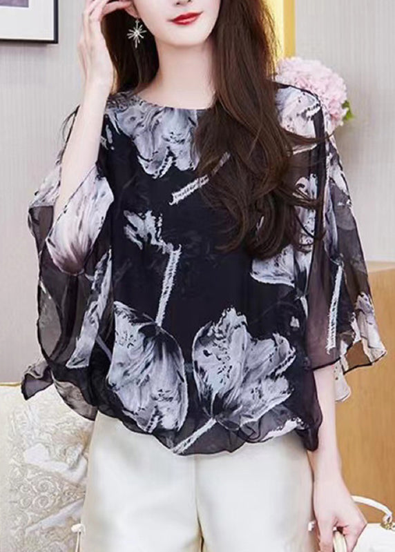 Style Black O-neck Print Asymmetrical Chiffon Shirt Fall