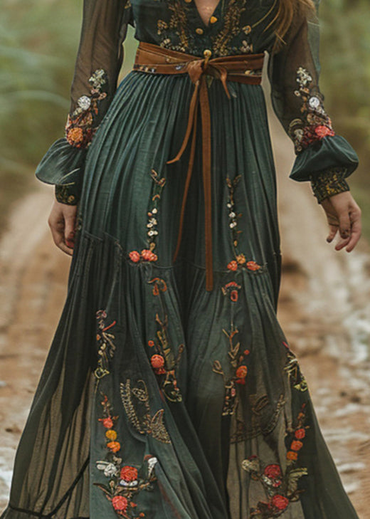 Green Peter Pan Collar Print Wrinkled Cotton Long Dresses Fall