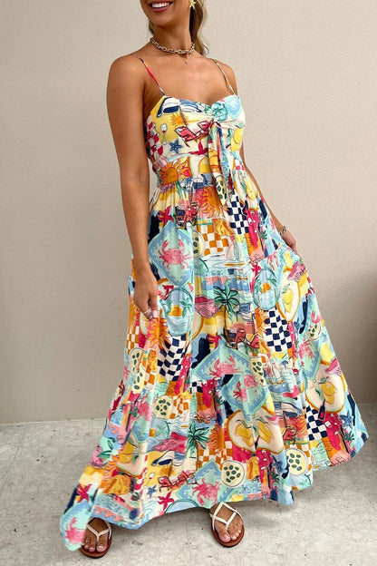 Vacation Fruit Printing With Bow Printed Dresses