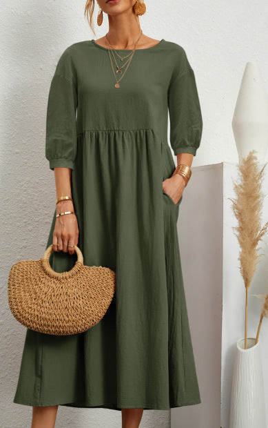 Spring Outfit Lantern Sleeve Loose Cotton and Linen Pocket Dress