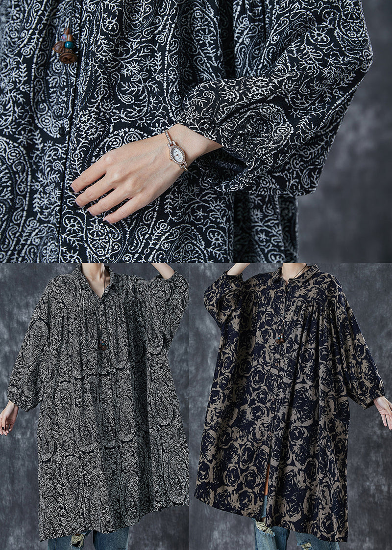 Black Oversized Print Cotton Shirt Dress Spring