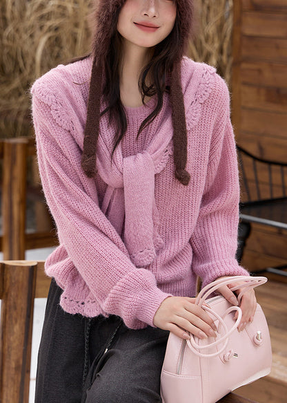 Pink Cozy Cotton Knit Sweaters and Shawl Two Piece Set Fall