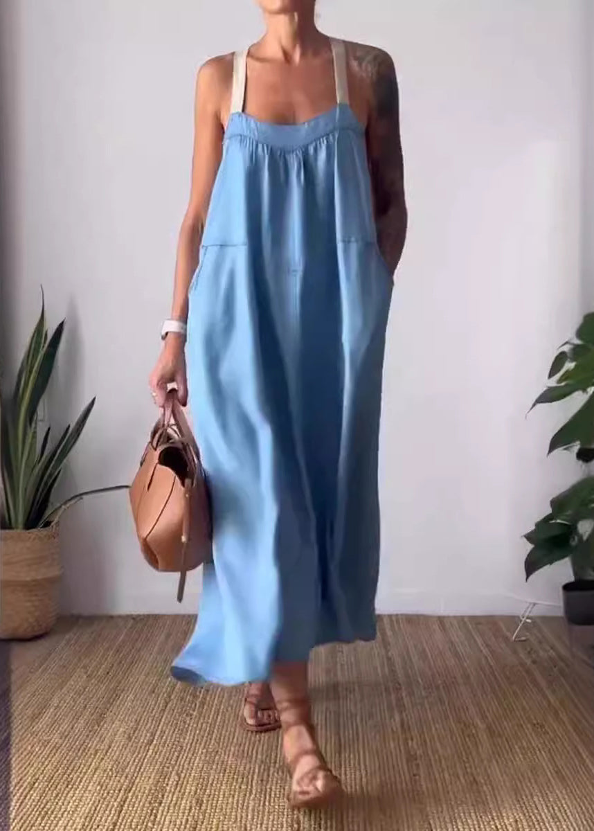 Loose Green Backless Cotton Spaghetti Strap Dress Summer