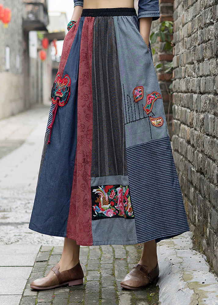 Novelty Navy Blue Print Patchwork Embroidered Tassel High Waist Maxi Skirts